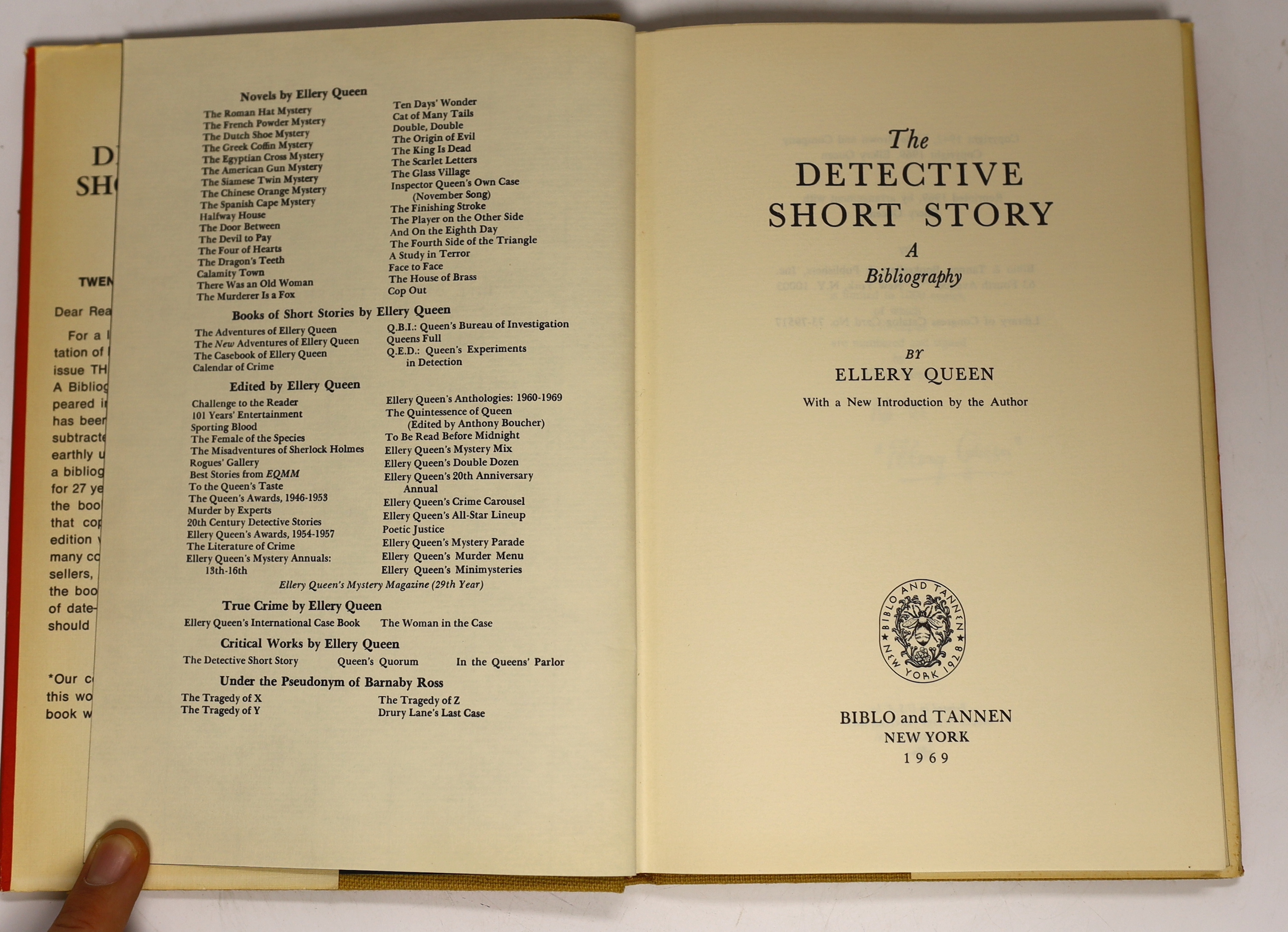 Queen, Ellery - The Detective Short Story: a bibliography. Limited Edition (of 150 numbered copies, signed by the author). publisher's cloth and d/wrapper. New York: Biblo and Tannen, 1969